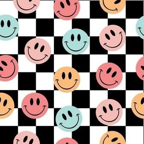Small Pastel Smiley Faces on Black and White Checker