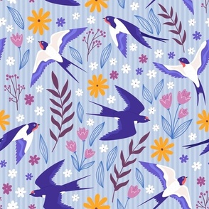 Scandinavian Barn Swallows and Flowers on Light Wedgewood Blue Pinstripes