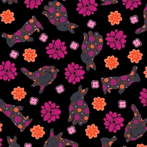 Pink and Orange Floral Rabbits on Black 