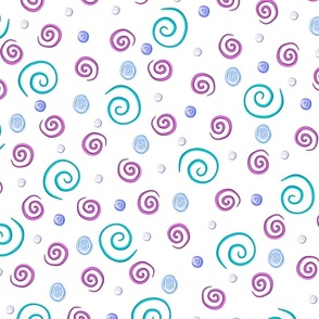 Hand-Painted Aqua and Purple Swirls and Dots on White 