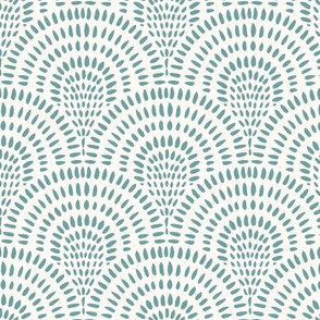 Light Teal on White Hand Drawn Scallop Fan, Large Scale 