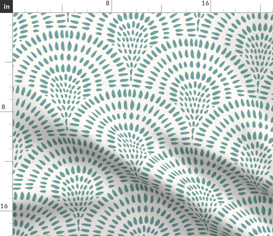 Light Teal on White Hand Drawn Scallop Fan, Large Scale 
