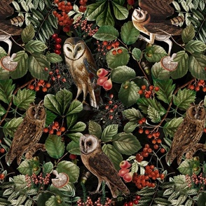 Antique Gothic Hand Painted Animals Birds fairytale in the magic mushroom and berries woodland forest black double layer