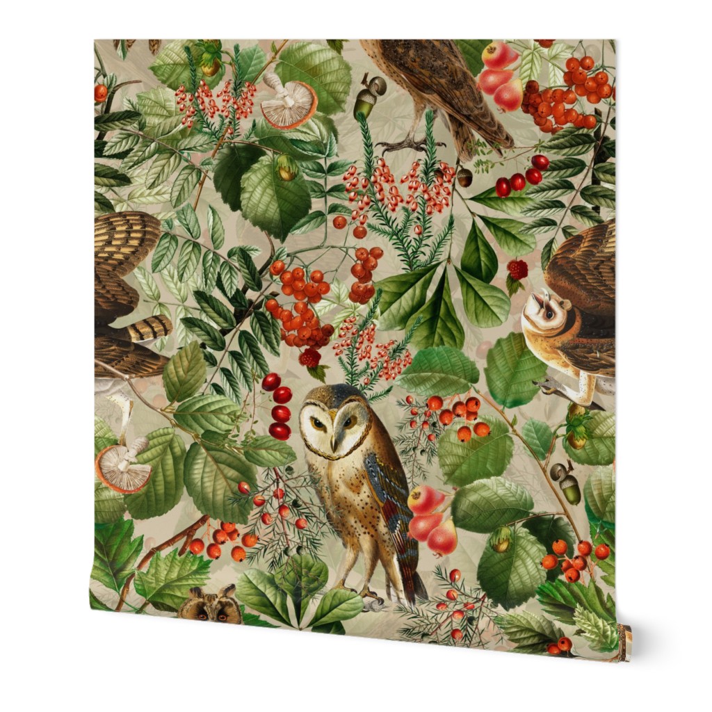 Antique Gothic Hand Painted Animals Birds fairytale in the magic mushroom and berries woodland forest - double layer sepia tanned