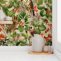 Antique Gothic Hand Painted Animals Birds fairytale in the magic mushroom and berries woodland forest - double layer sepia tanned