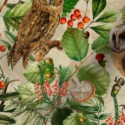 Antique Gothic Hand Painted Animals Birds fairytale in the magic mushroom and berries woodland forest - double layer sepia tanned