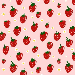 Strawberries on pink. Gouache handdrawn berries summer picnic hero pattern