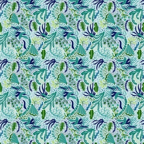 Ocean Calling- Sea Life- Kelp Coral Seaweed Anemone in Teal Blue Green on Light Blue- Cloakroom/Powder Room/Bathroom Wallpaper- Small Scale