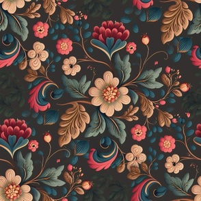 French Romantic Floral Pattern on Brown