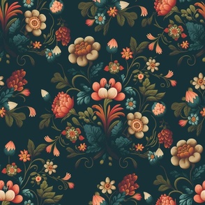 French Romantic Floral Pattern on Muted Blue