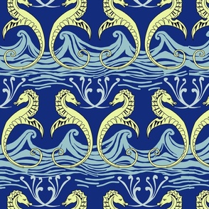 CFA Voysey Seahorses on Ocean Vintage Sea Marine Art Deco Arts and Crafts Blue