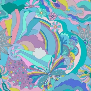 Blue and purple themed 70's style maximalist  flowers and butterflies - soft, retro and abstract - mid size.