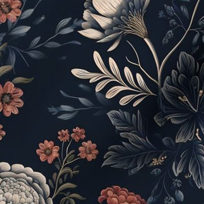 French Romantic Floral Wallpaper Pattern on Muted Blue