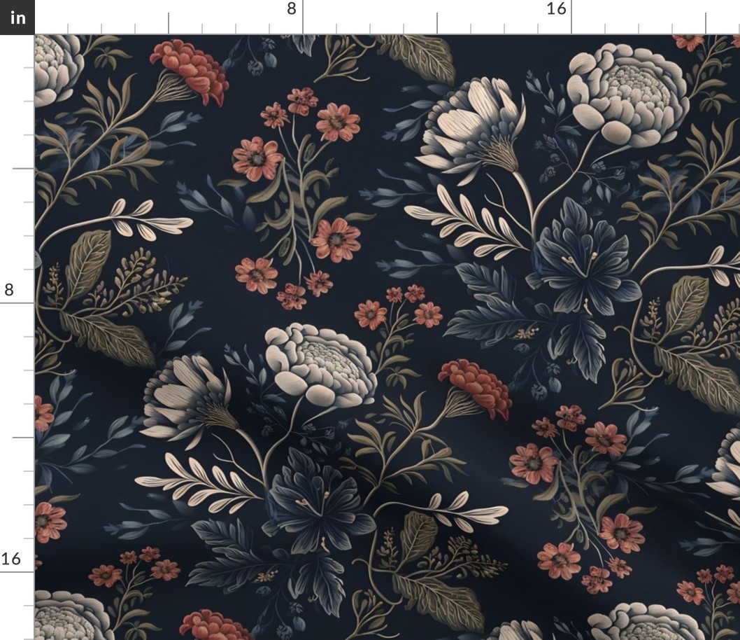 French Romantic Floral Wallpaper Pattern on Muted Blue