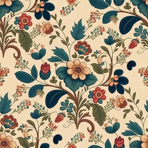 French Romantic Floral Pattern on Muted Cream