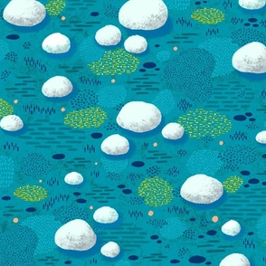 japanese moss garden with rocks  | blue
