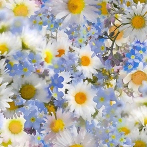 White Daisies and Blue Forget-Me-Nots Floral Watercolor Half Drop