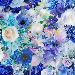 Sky Blue, Royal Blue and Lilac Roses, Anemones and Hydrangeas Floral Watercolor Half Drop