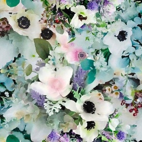 White Anemones, Lavender and Eucalyptus Floral Watercolor Half Drop