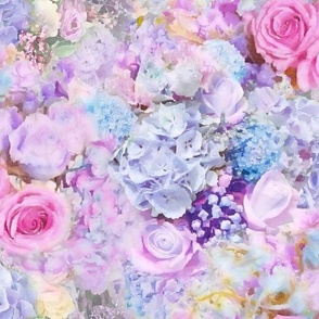 Lilac, Mauve and Pink Roses and Blue Hydrangea Floral Watercolor Half Drop