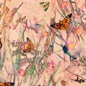 Watercolor style painted summer meadow with butterflies​,​ beetles and dragonflies on a cream background with a vintage linen texture