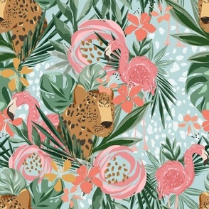 Large Tropical Cheetah and Flamingo Floral  (10.5" Fabric/12" Wallpaper)