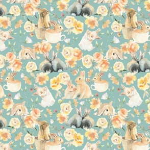  Bunnies in roses and wildflowers meadow - teal turquoise