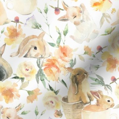  Bunnies in roses and wildflowers meadow - Easter bunny fabric - soft white