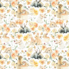  Bunnies in roses and wildflowers meadow - Easter bunny fabric - soft white