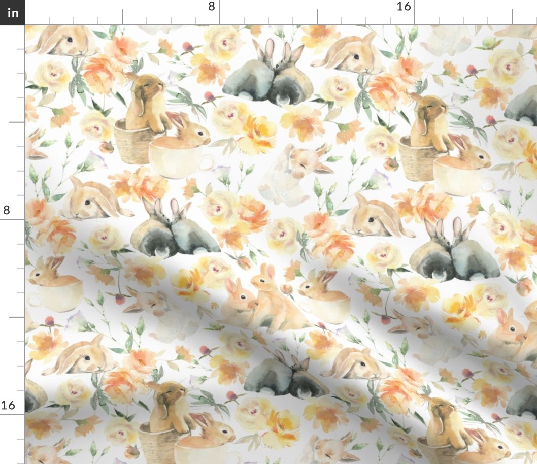  Bunnies in roses and wildflowers meadow - Easter bunny fabric - soft white