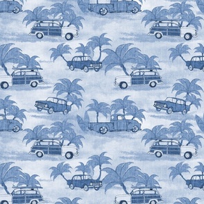 Wallpaper Vintage Beach Cars - Monochromatic Blue Linen- New 2023