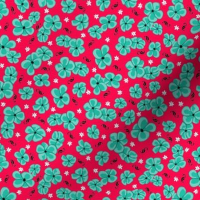 Ditsy Poppies Teal on Red