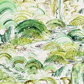 Moss Garden- Modern Watercolor Zen toile/Chinoiserie landscape in shades of green