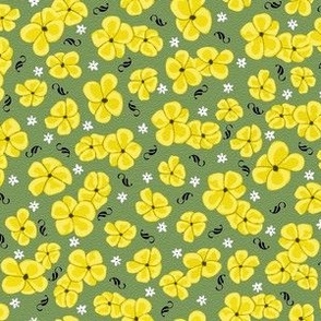 Ditsy Poppies Yellow on Olive Green