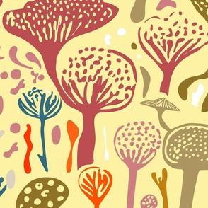 Fungi Frenzy: A Vibrant Woodblock Linocut Mushroom Pattern