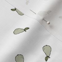 Tossed little pear - minimalist scandinavian autumn garden fruit design freehand ink soft green on white 