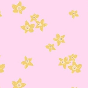 Springtime blossom - daffodil flowers freehand boho garden daffodils in yellow on pink