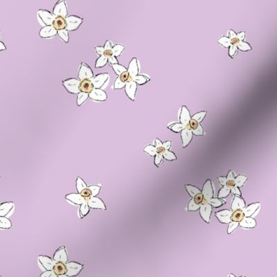 Springtime blossom - daffodil flowers freehand boho garden daffodils in white on lilac pastel