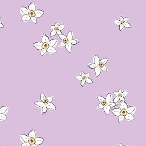 Springtime blossom - daffodil flowers freehand boho garden daffodils in white on lilac pastel