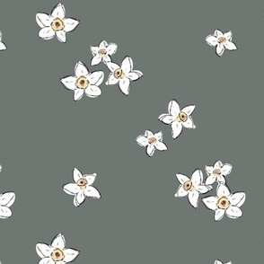 Springtime blossom - daffodil flowers freehand boho garden daffodils in white on slate gray