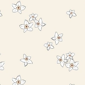 Springtime blossom - daffodil flowers freehand boho garden daffodils in white on cream vanilla