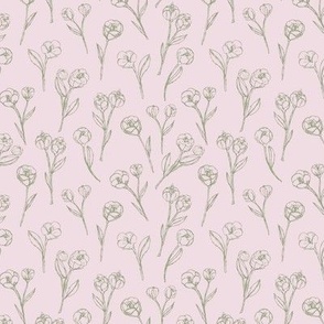 Spring blossom tulips - abstract freehand raw sketched garden boho style tulip vintage design for the bohemian nursery cotton bolt olive green on soft pink