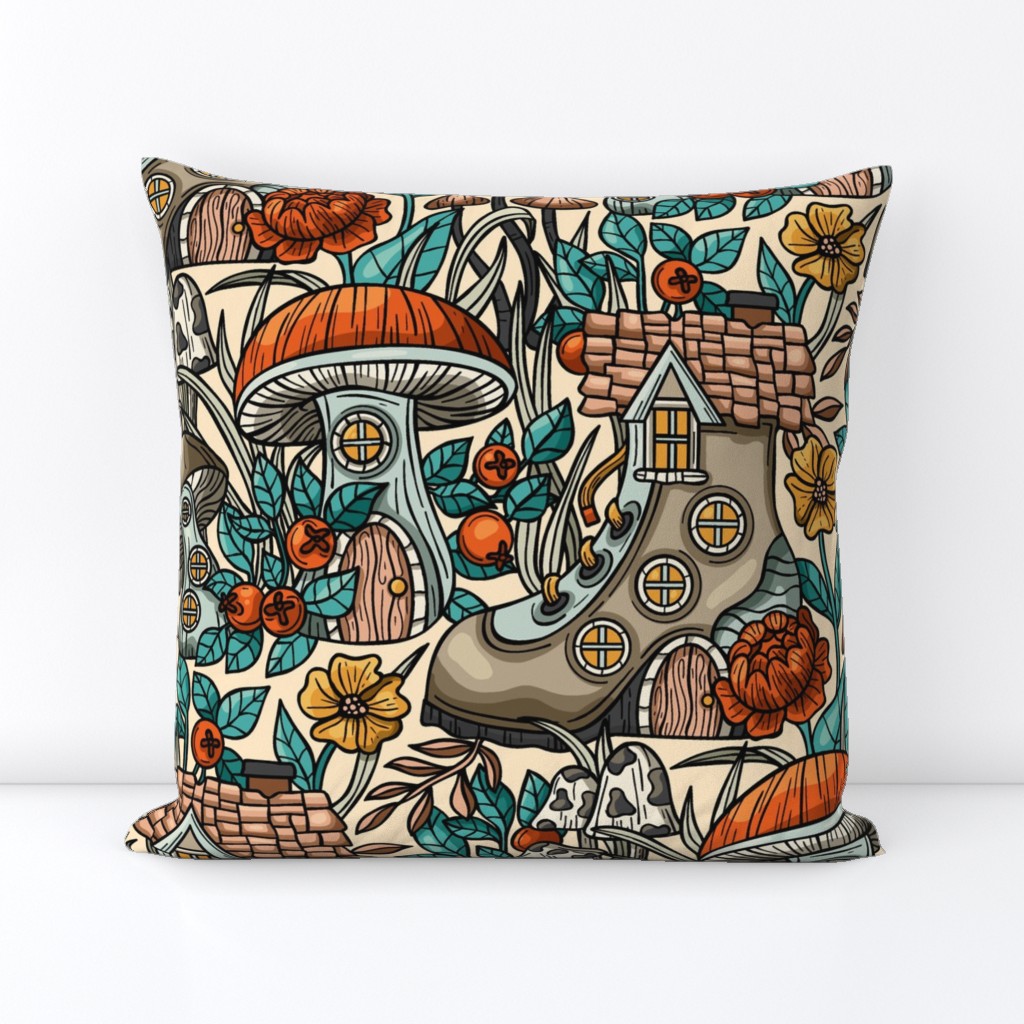 Whimsical Mushroom Housing, Magical Forest / Neutral Colors / Large Scale, Wallpaper