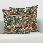 Whimsical Mushroom Housing, Magical Forest / Neutral Colors / Large Scale, Wallpaper