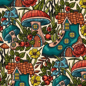 Whimsical Mushroom Housing, Magical Forest / Mid Century Modern Colors / Large Scale, Wallpaper