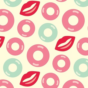 Pool Rings Summer Beach Floating Lips Lifesavers in Red Pastel Pink Mint Green on Cream - MEDIUM Scale - UnBlink Studio by Jackie Tahara