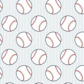 baseballs on blue pinstripes MEDIUM