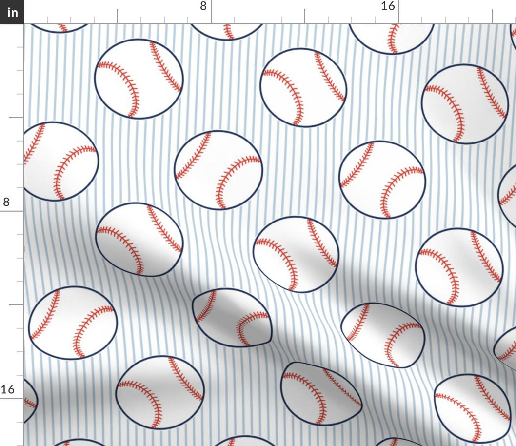 baseballs on blue pinstripes MEDIUM