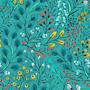 Saffron and Rich Terra Cotta Wildflowers on Muted Teal - Coordinate