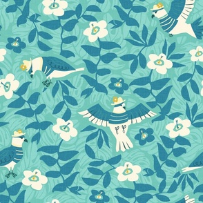 Pigeon Birds and Tropical Flowers Turquoise